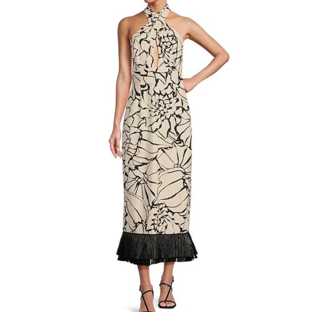 ANTONIO MELANI Cream and Black Halter Fringe Maxi Dress Size 12 - Picture 2 of 6